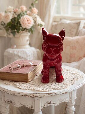 Bouclair Red Pug Dog Figurine Glossy Modern Home Décor 7”